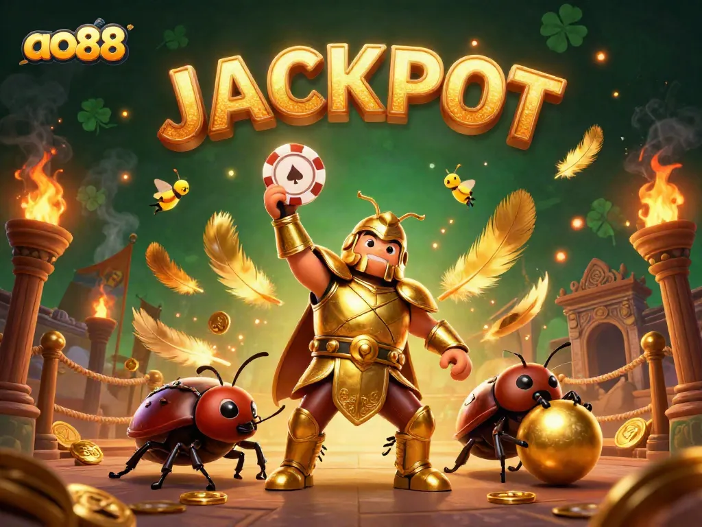 Win big at ao88 with a 3D illustration of a gladiator beetle lifting a poker chip amidst a jackpot celebration.