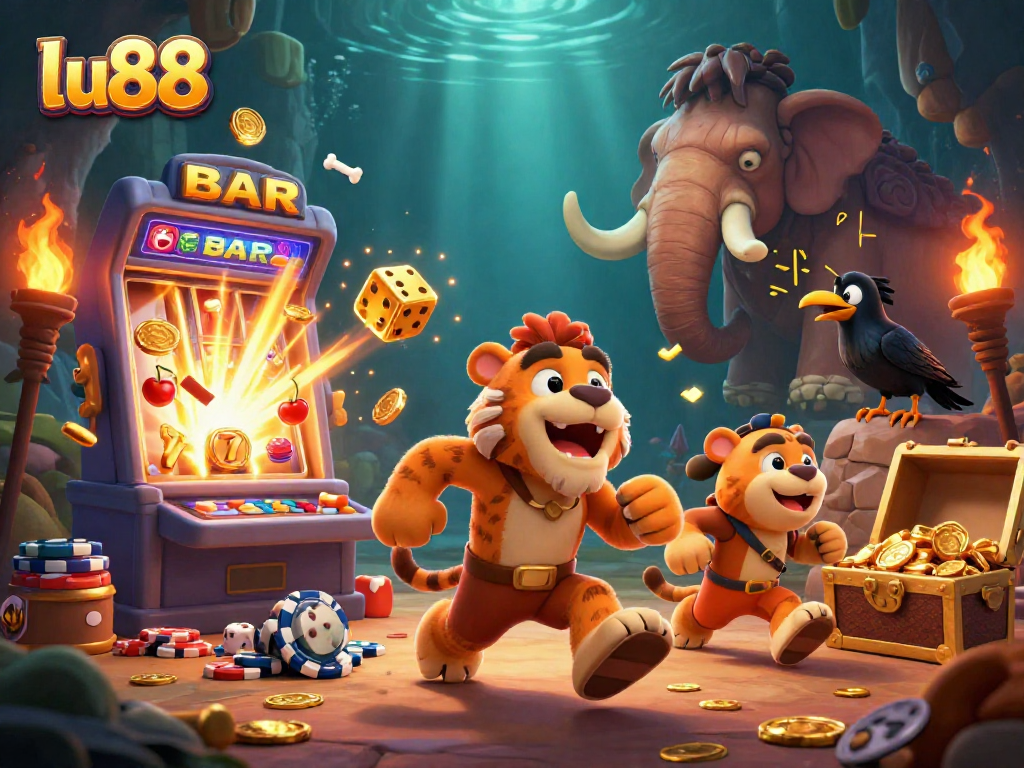 Experience the thrill of lu88 with ancient characters enjoying casino games and a slot machine bursting with winnings.