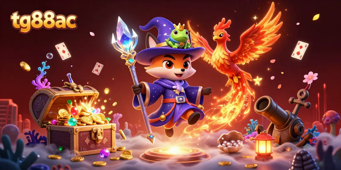 Play and win with tg88ac in this vibrant 3D casino-themed illustration featuring treasures and gaming elements.