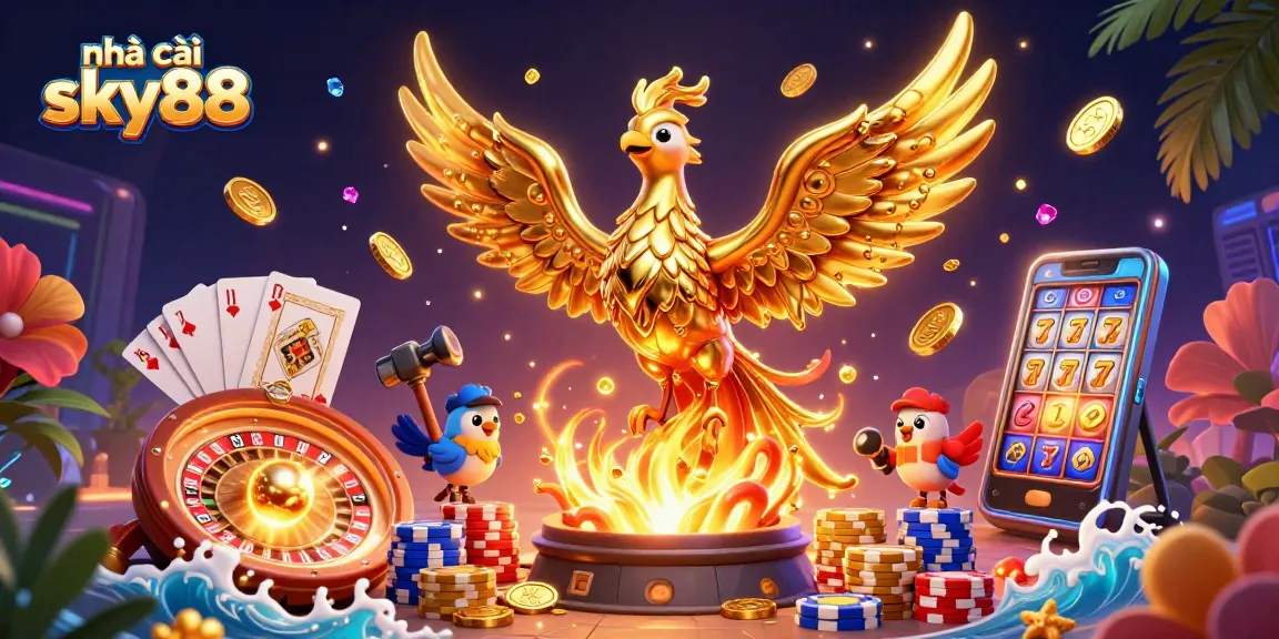 Experience thrill at nhà cái sky88 with a dynamic golden phoenix and vibrant casino elements.