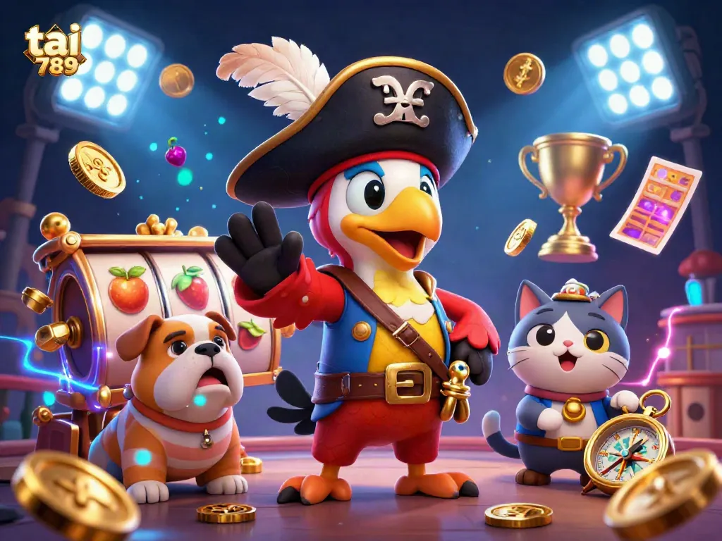 Experience the excitement of tai 789 with pirates, sports elements, and vibrant game symbols in this dynamic 3D illustration.