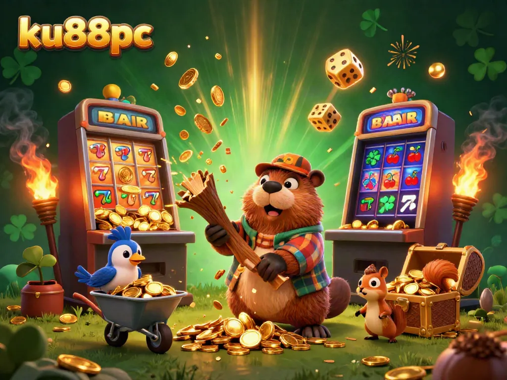Engaging scene of ku88pc with cartoon characters collecting golden coins amid slot machine action.