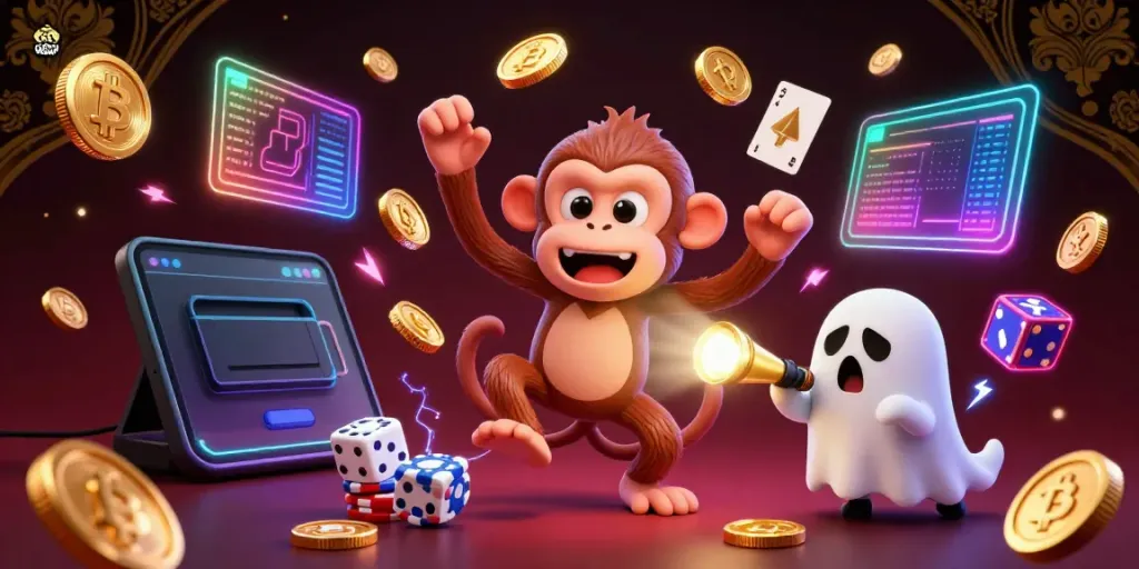 Experience thrilling gameplay with uk88win in a vibrant haunted casino scene featuring playful characters and cryptocurrency elements.