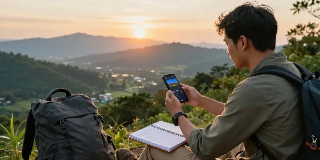 Traveler menikmati slot gacor hari ini sambil melihat pemandangan indah saat matahari terbenam.