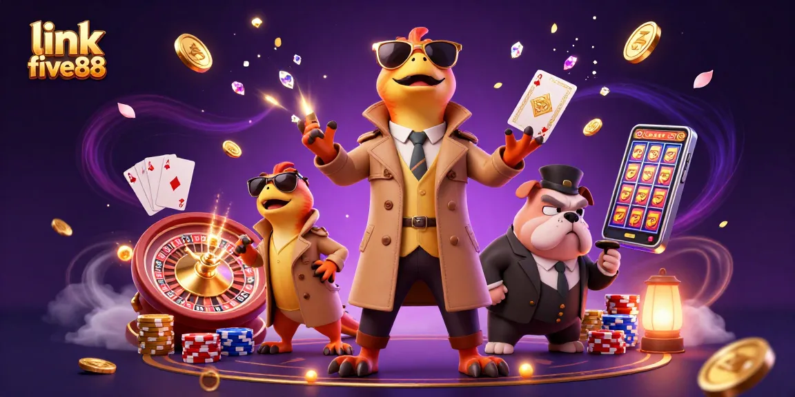 Link five88 showcases a dazzling casino scene with raptors in disguise, sparkling gems, and lively game elements.