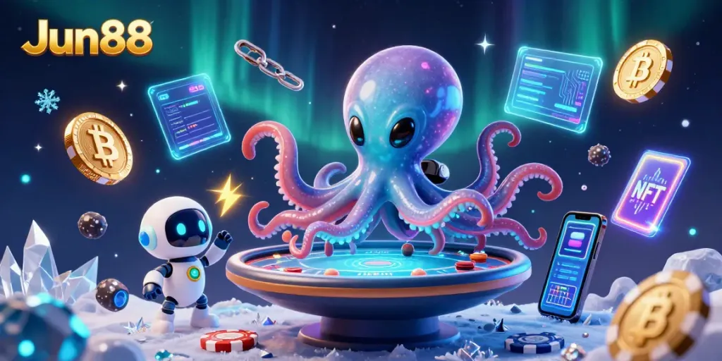 Trải nghiệm Jun88 với robot và bạch tuộc chơi poker cùng hệ thống tiền điện tử đầy màu sắc.
