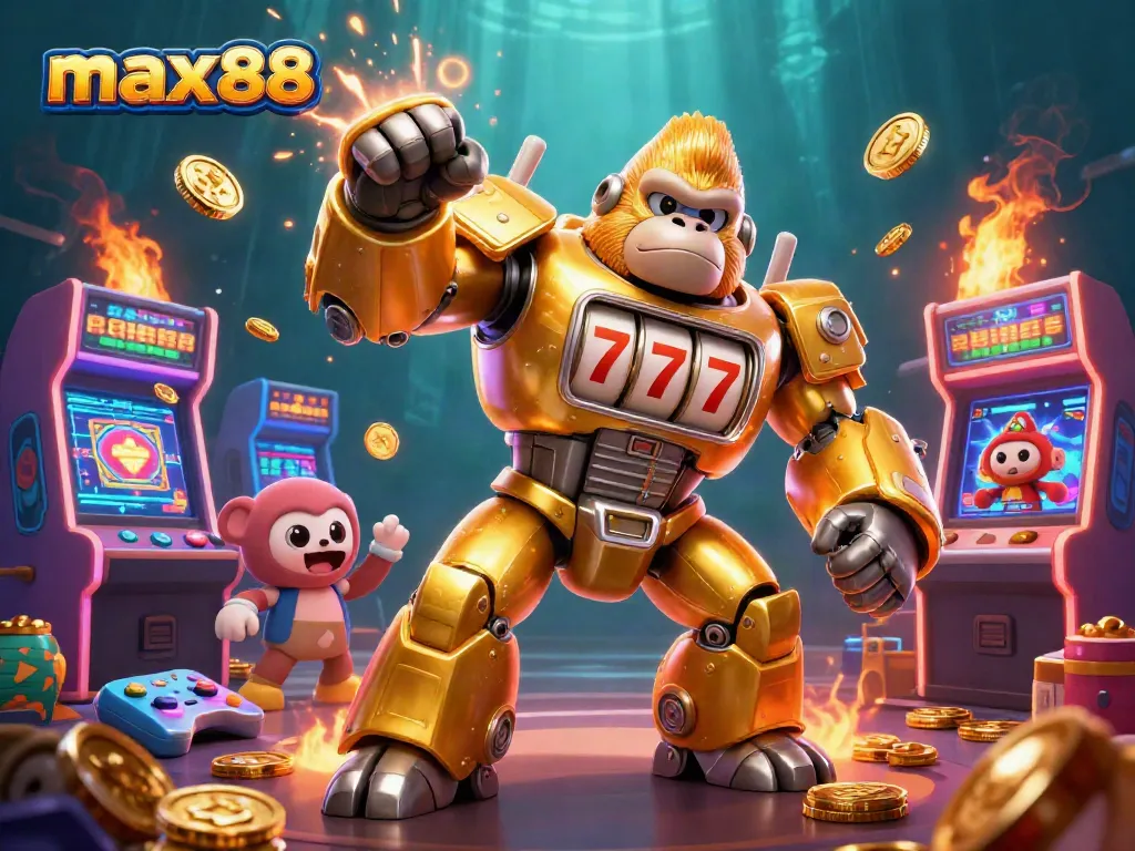 Experience max88's vibrant slot machine adventure with a dynamic golden gorilla mech in a colorful casino scene.