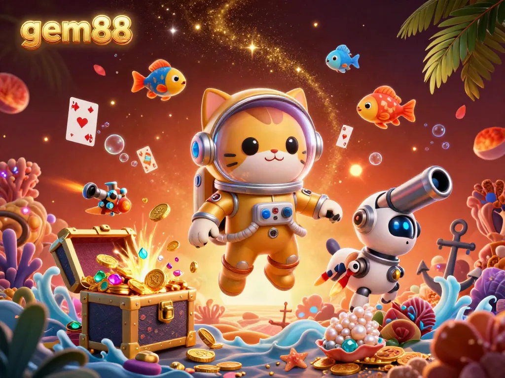 Join the exciting world of gem88 with a vibrant 3D illustration showing an astronaut cat, a robot dog, and alien fish in a casino-themed nebula.