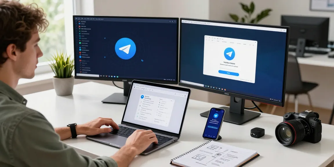 Workspace with a user engaging with Telegram download on a laptop, dual monitors displaying chats and notifications, highlighting modern tech setup.