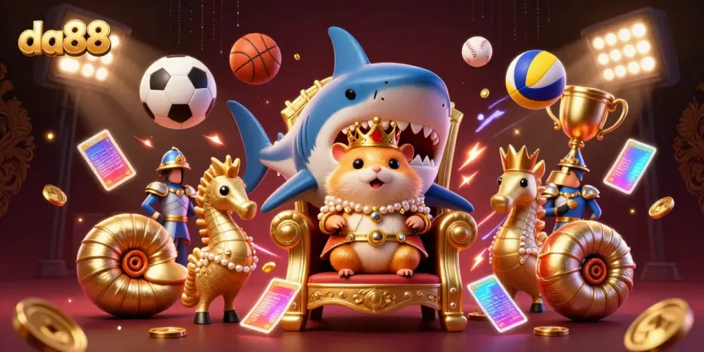 Experience the thrilling world of da88 with a golden hamster king, seahorse guards, and dynamic sports elements.