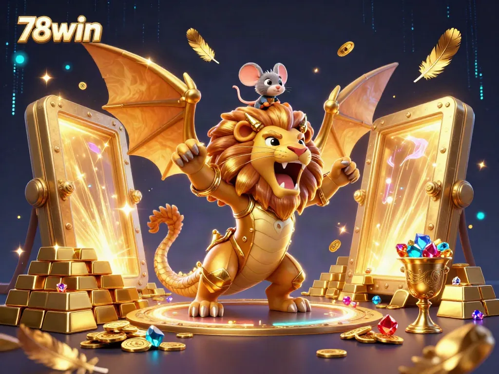Engage in thrilling gaming adventures at 78win with a golden chimera and treasure vault in a vibrant casino scene.