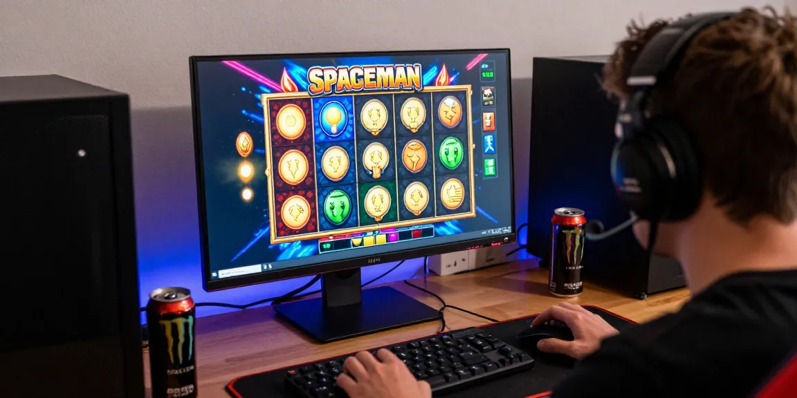Seorang pemain kangtoto sedang menikmati permainan slot Spaceman di komputer, dikelilingi aksesori gaming.