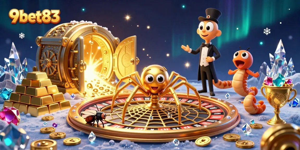 9bet83 gamblers placing bets in a dynamic 3D casino scene with a spider-themed roulette wheel