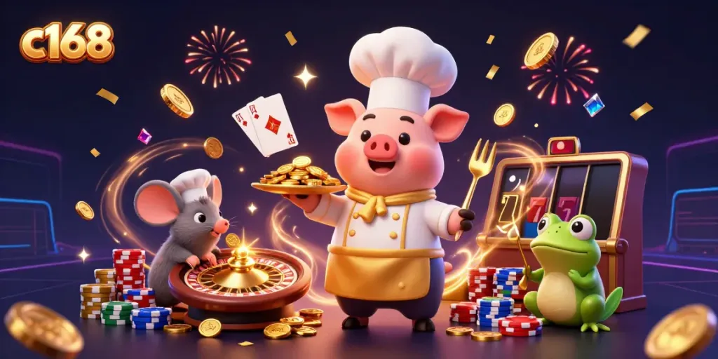 Experience c168 with a lively casino scene featuring a chef pig serving gold coins and playful characters.