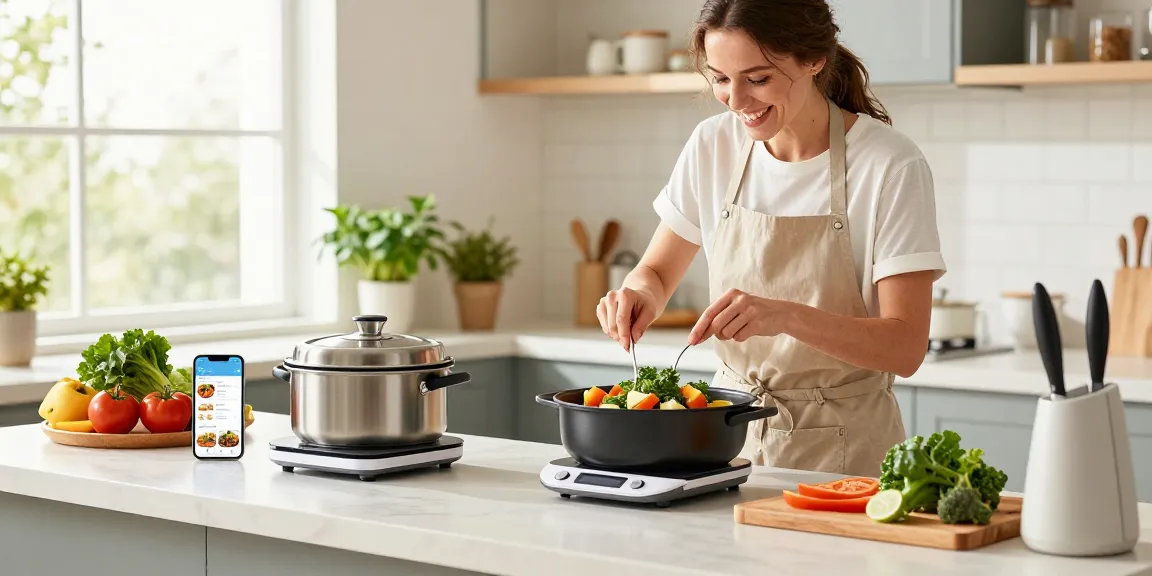 Home cook using smart kitchen gadgets to prepare a meal in a modern kitchen with natural light.