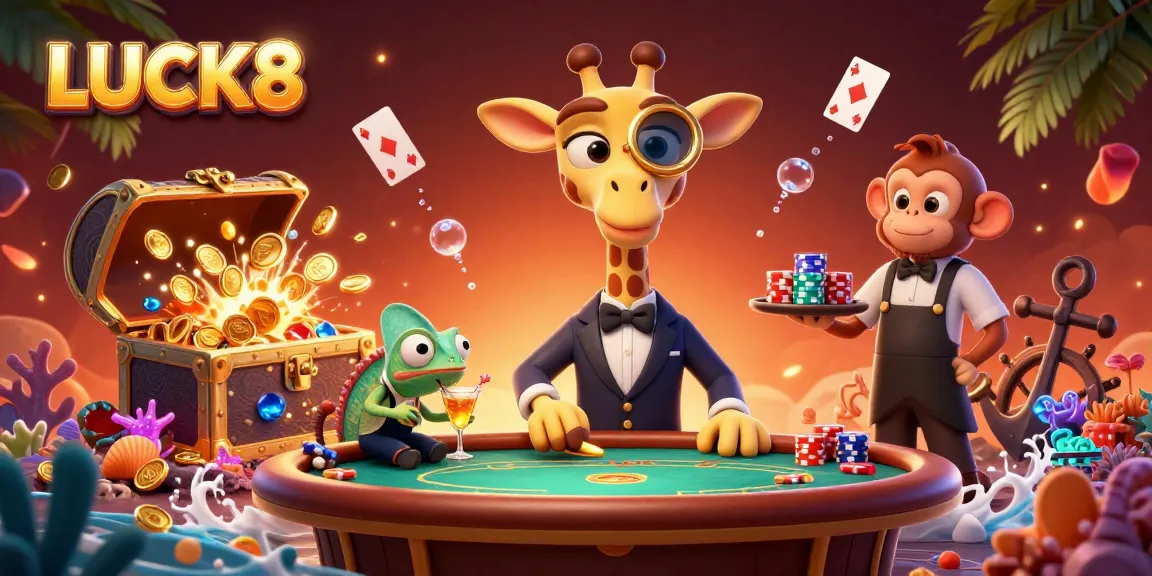 Experience the thrill of winning with LUCK8 at a dynamic casino scene featuring high-roller giraffe and vibrant game elements.