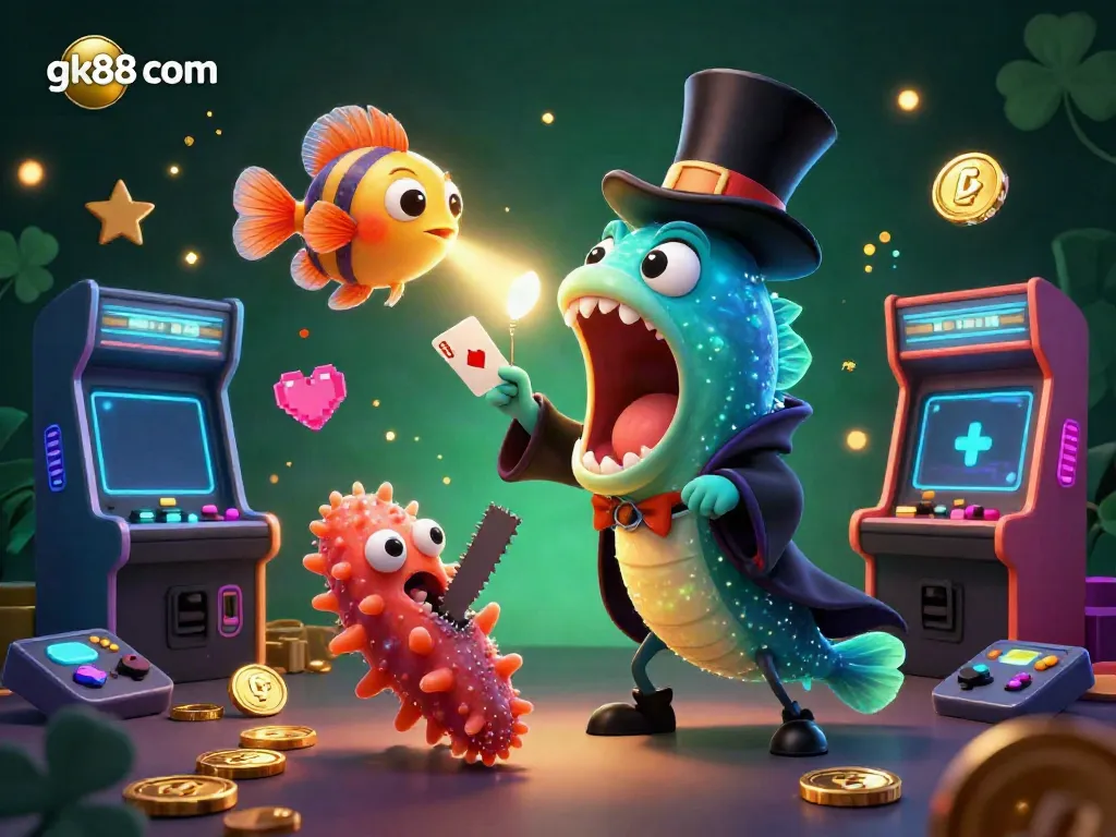 Experience card tricks with gk88 com characters in a vibrant 3D digital casino scene.