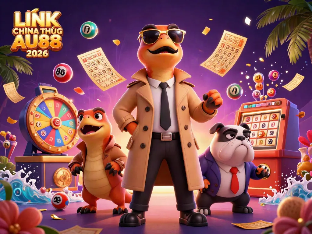 Join the fun at LINK CHÍNH THỨC AU88 2026 with vibrant lottery elements and playful raptors in a casino setting.