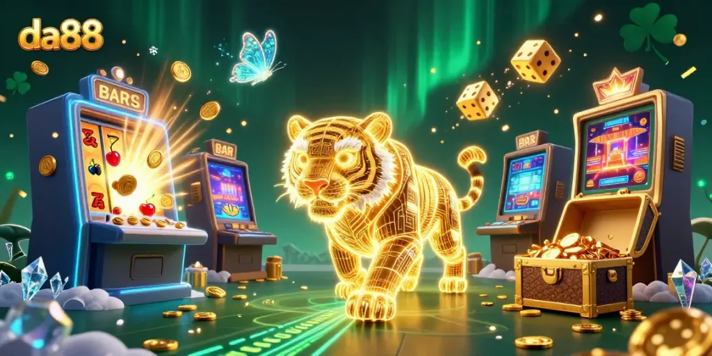 Experience exhilarating gameplay with da88 as a neon-wireframe golden tiger roams a vibrant digital casino.