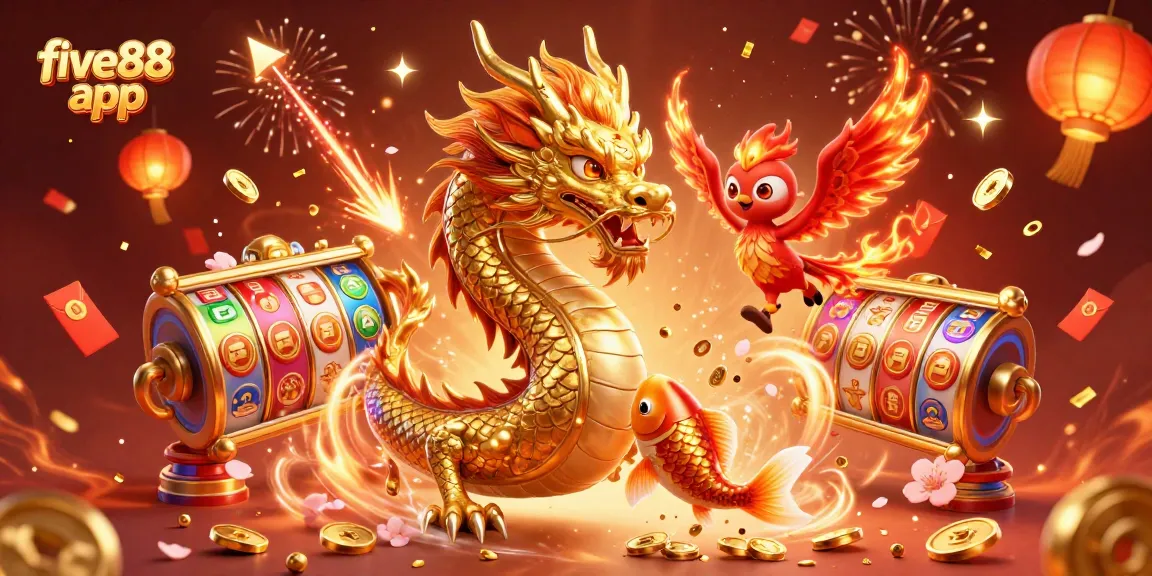 Experience the vibrant five88 app in this dynamic casino scene with dragons, koi, and slot reels.