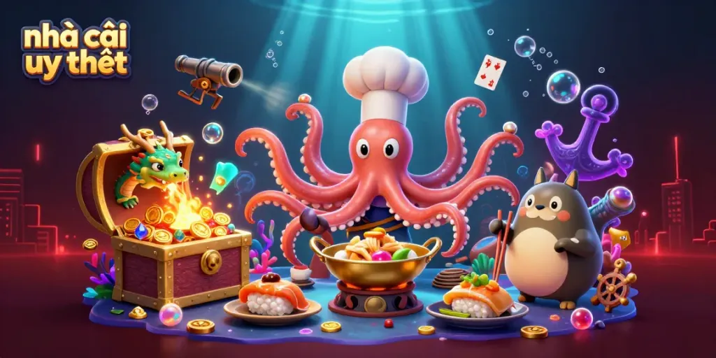 Experience the thrill of gambling at nhà cái uy tín with vibrant illustrated characters and a rich casino atmosphere.