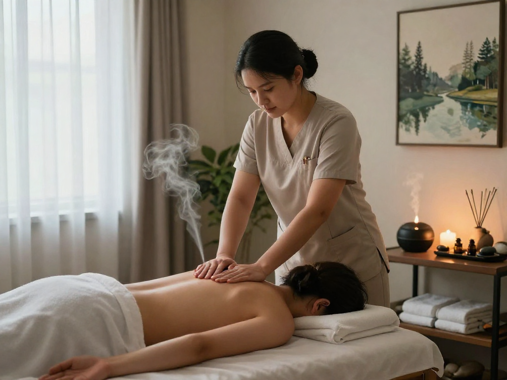 도봉구출장안마 session with a therapist providing a soothing massage in a serene setting, featuring calming ambiance and essential oils.