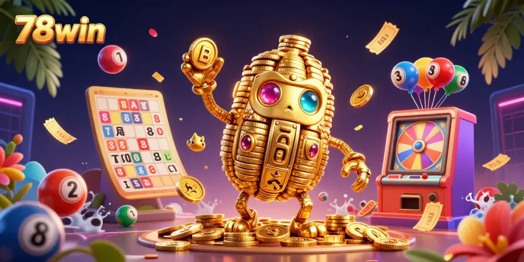 Join the action at 78win, where a dynamic golden golem spins lottery balls amid vibrant game elements.