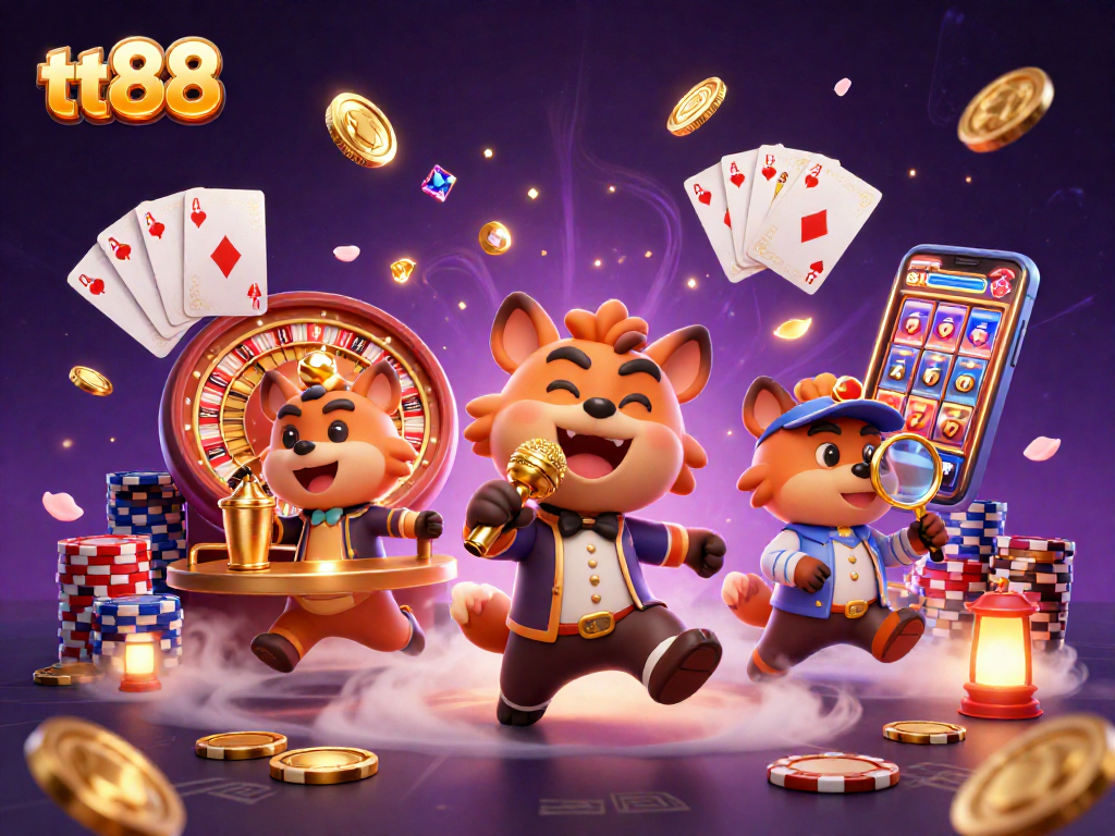 tt88 casino hyenas performing stand-up comedy in a vibrant gaming environment