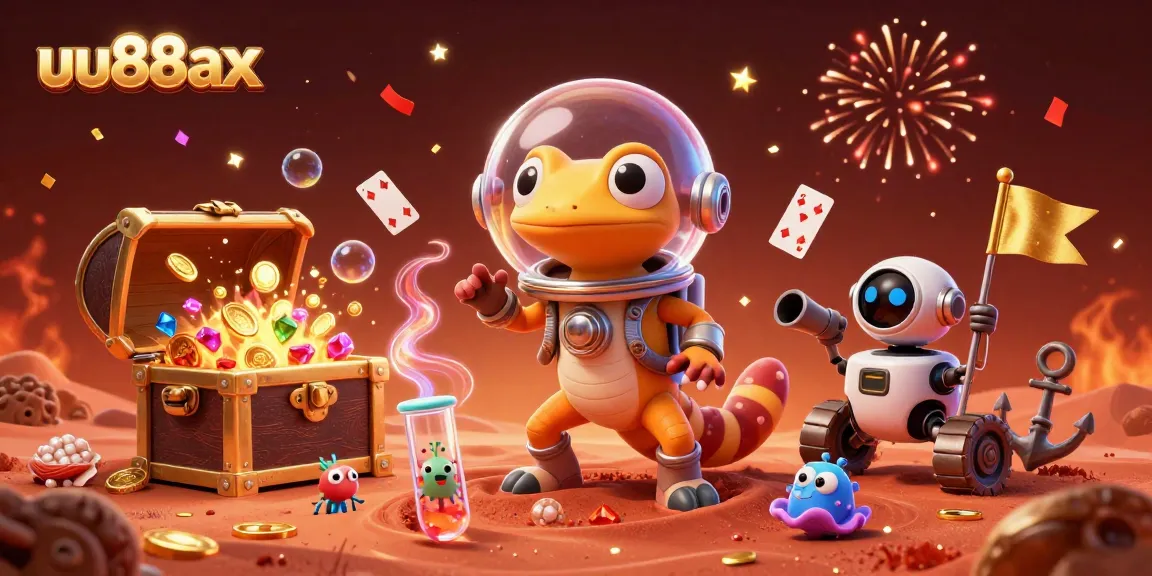 Experience the thrill of uu88ax with the Martian gecko revealing a golden casino amidst vibrant celebration.
