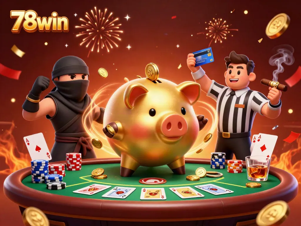 Engage with 78win's vibrant casino action featuring a golden piggy bank wrestler amidst poker elements.