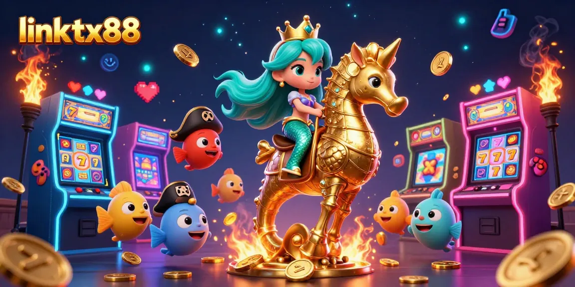 Engage with link tx88 at this vibrant casino illustration featuring colorful games and characters.