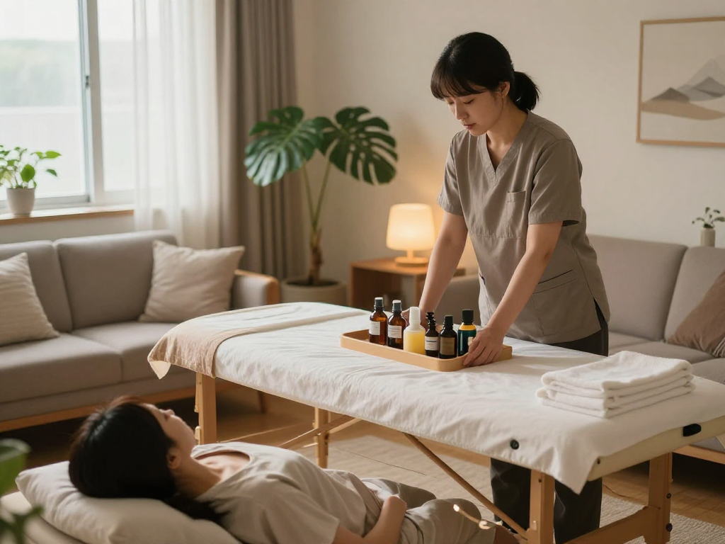 수원출장안마 service setup with a professional Korean therapist in a calming home environment.