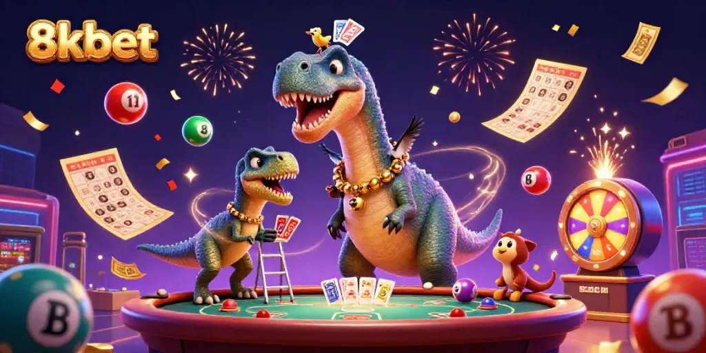 Engage with the vibrant 8xbet casino scene featuring a brontosaurus and clever raptor amidst gaming elements.