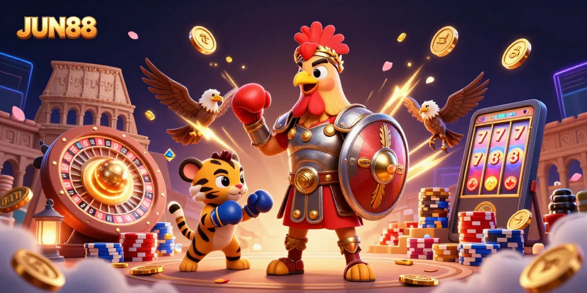 Engage in thrilling gameplay at JUN88 with a vibrant 3D casino illustration showcasing dynamic slot and poker elements.