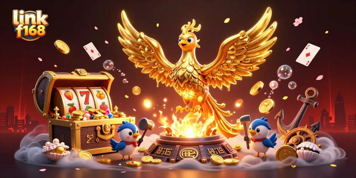 Experience thrilling gaming with link f168's vibrant 3D illustration featuring a molten phoenix and slot elements.