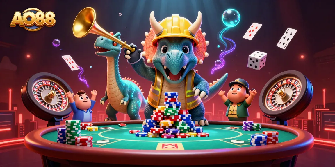 Engage with exciting gambling activities with AO88's vibrant character scene celebrating poker and casino wins.