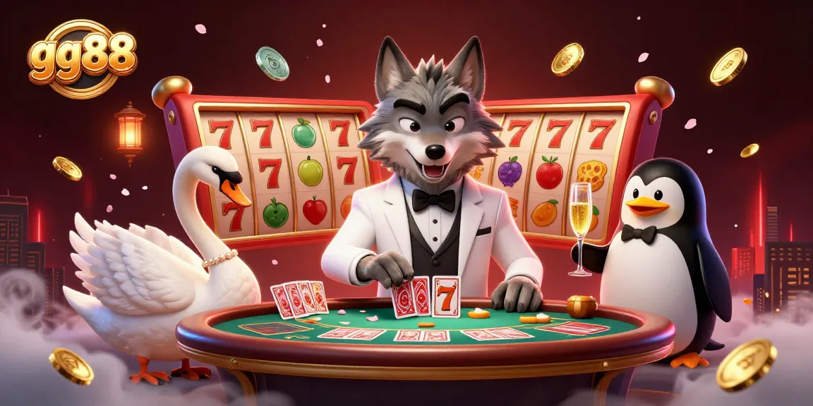 Experience gg88 as a debonair wolf plays baccarat alongside elegant characters in a vibrant casino setting.