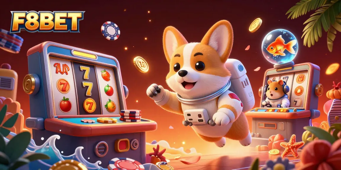 Engage with F8BET as the astronaut corgi floats through a vibrant casino environment.