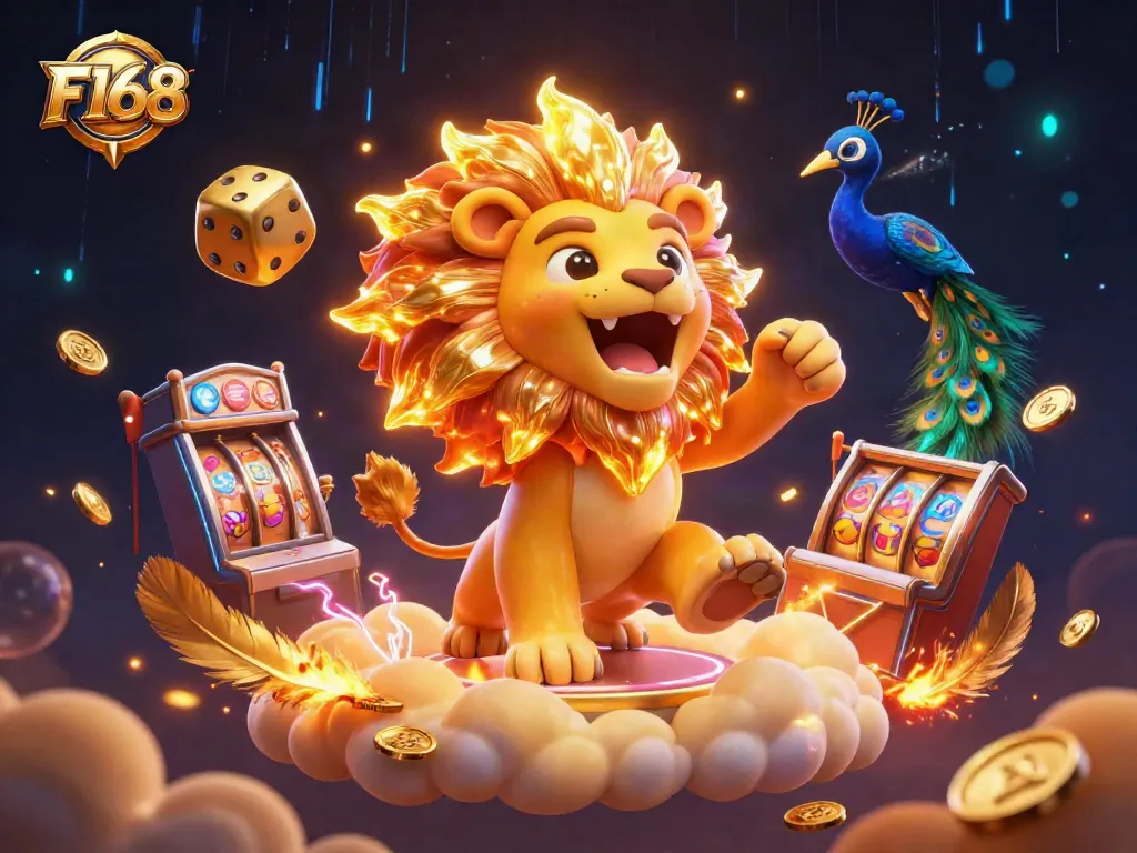 Experience thrilling slots at F168 with a dynamic scene of gaming excitement and vibrant casino elements.