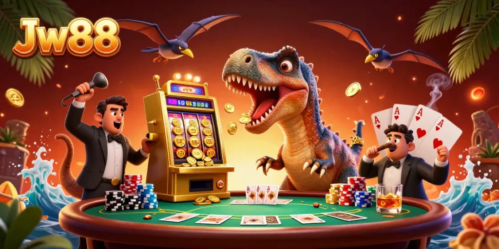 Experience Jw88's thrilling jackpot scene with animated slot wins and excited characters!