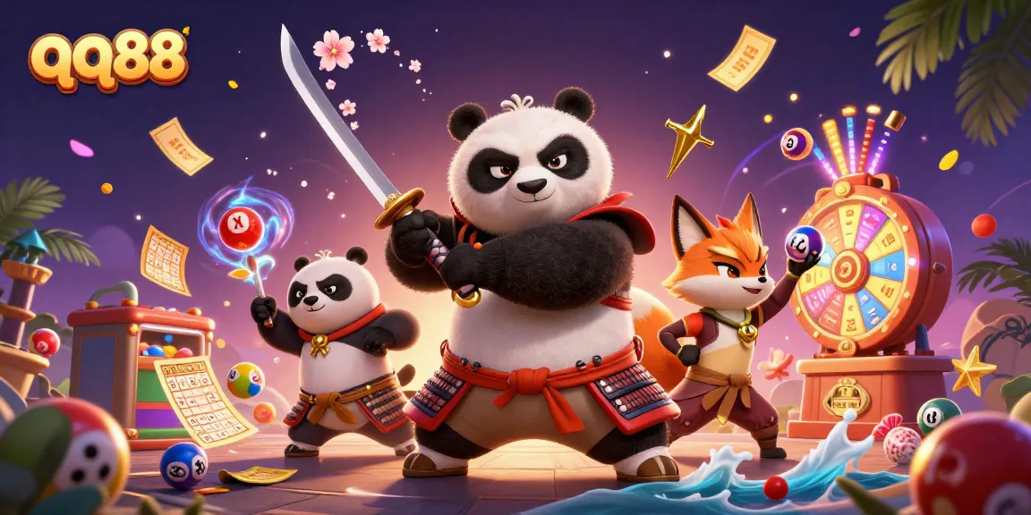 Engage with winning games at qq88, featuring a samurai panda and ninja fox in a vibrant casino scene.
