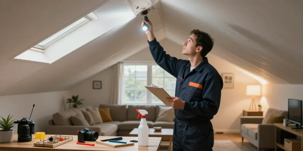 Pest control Calgary technician inspecting attic for pest issues in a modern home.