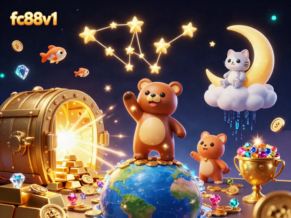 Experience the magic of fc88v1 as a constellation bear scoops coins amid a treasure explosion in a vibrant casino-themed scene.