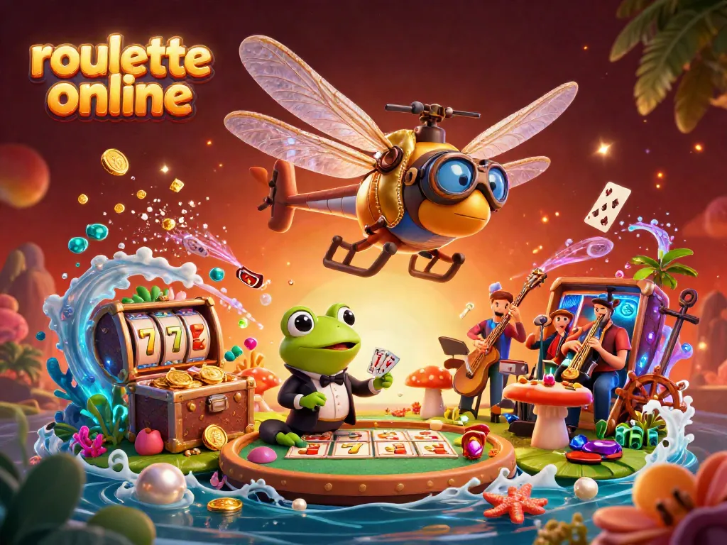 Engage in online roulette activities with a lively casino scene featuring a dragonfly pilot and a frog croupier.