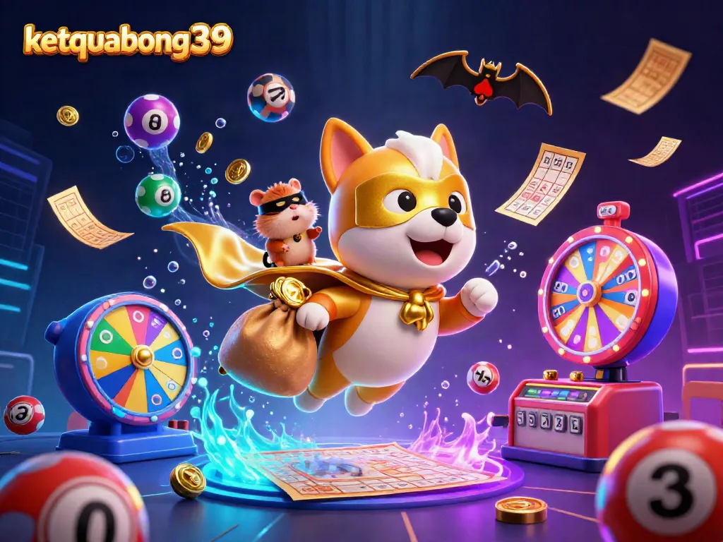 Watch the superhero dog and hamster from ketquabongda39 dynamically winning gold coins during an exciting lottery game.