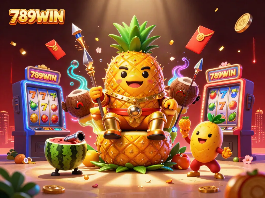 Experience the vibrant dynamics of 789WIN with a golden pineapple king and action-packed casino elements.
