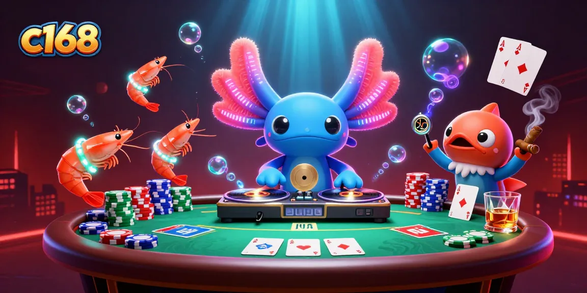 c168 vibrant underwater casino scene with neon axolotl DJ and colorful shrimp dancers, dynamic poker elements