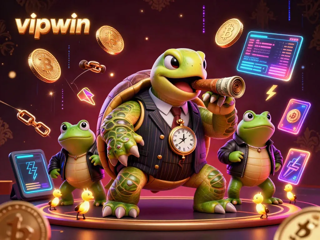 Experience the excitement of vipwin, featuring a snapping turtle mobster and bullfrog enforcers in a vibrant casino scene.