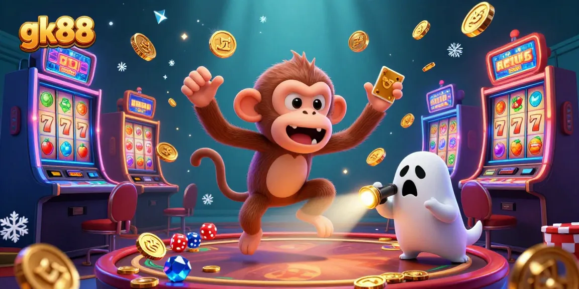 Experience the lively gk88 casino ambiance with a mischievous poltergeist monkey juggling coins and a puppy tracking it.