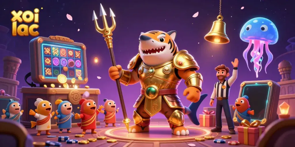 Experience thrilling action with xoi lac as the tiger shark in gladiator armor battles in a vibrant underwater scene themed with casino elements.